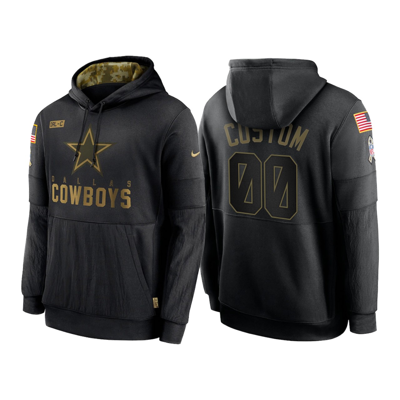 Men's Dallas Cowboys Customized 2020 Black Salute To Service Sideline Performance Pullover Hoodie